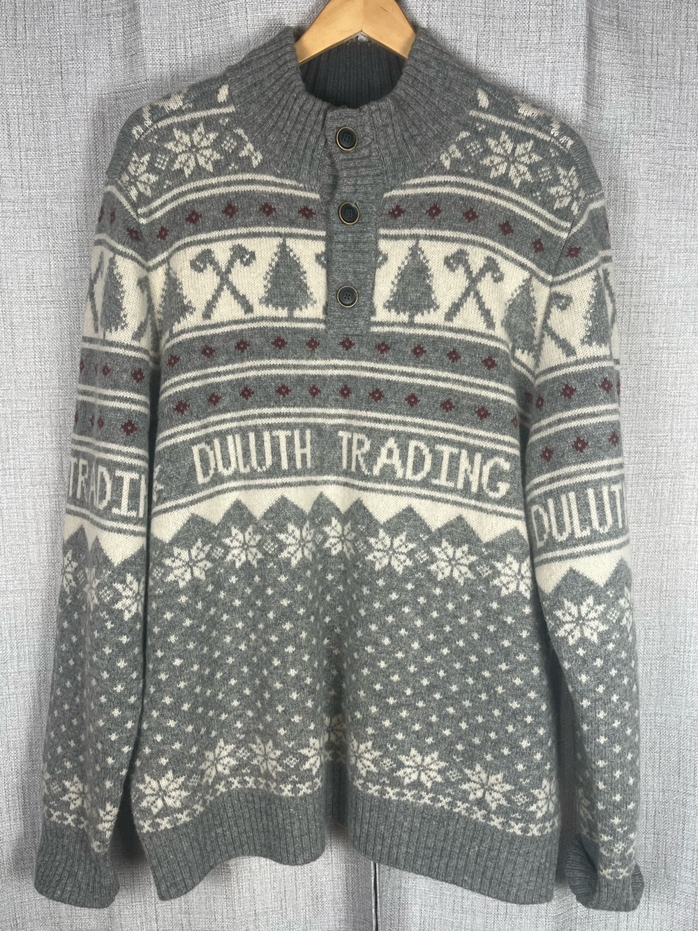 DULUTH TRADING CO Sweater Men's Gray Fair Isle Shetland Wool Sz XL EUC
